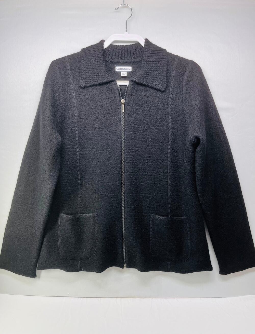 Croft & Barrow Black Wool Full Zip Sweater Cardigan Jacket 2 Pocket